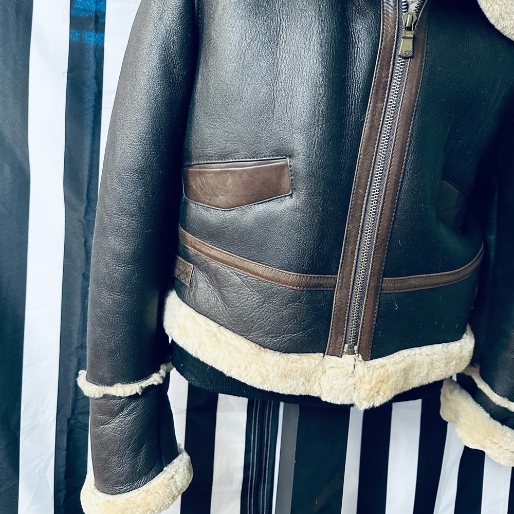 Ugg Genuine Leather Sherpa Lined Aviator Bomber Jacket (see measurements) - Picture 11 of 13